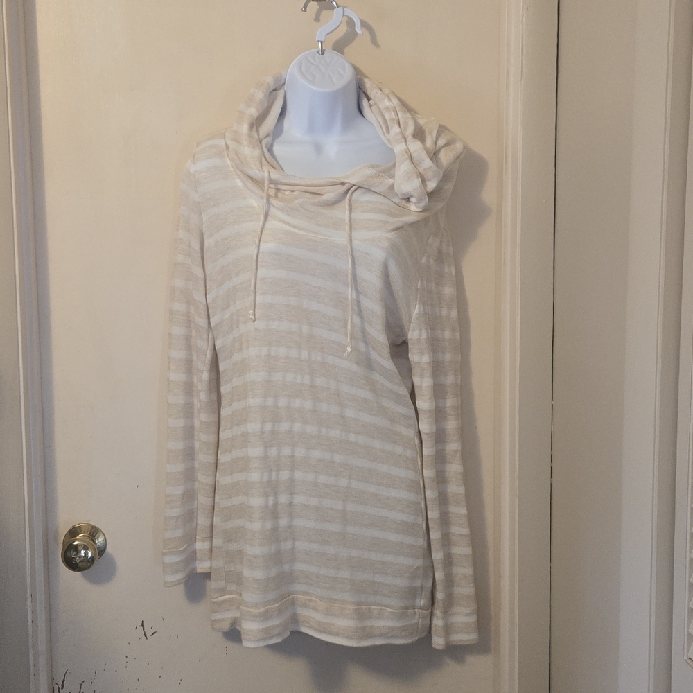 Vanity- Women's- Tan & White- Stripped- Cowl Neck- Hooded Sweater- Size Medium